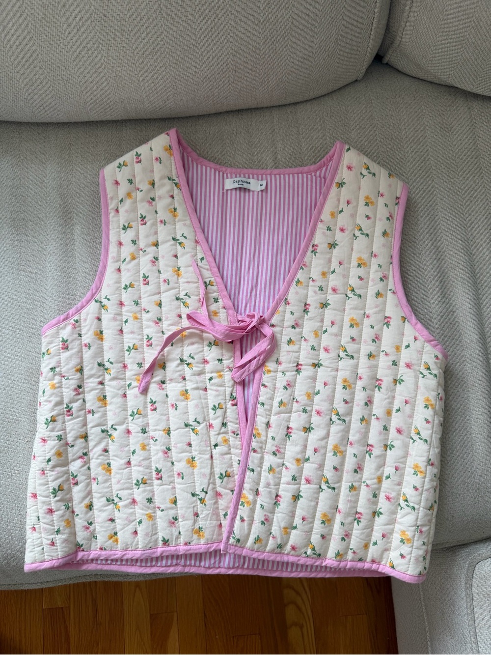 Pink Floral Quilted Vest with Tie Front